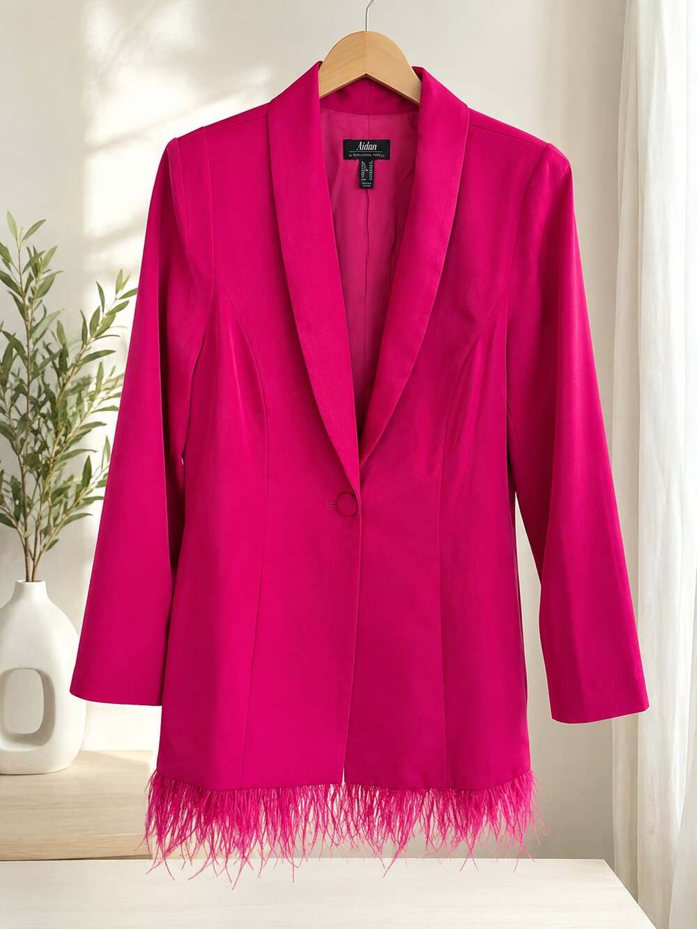 Aidan by Adrianna Papell Hot Pink Feather-Trim Tuxedo Mini Dress Blazer